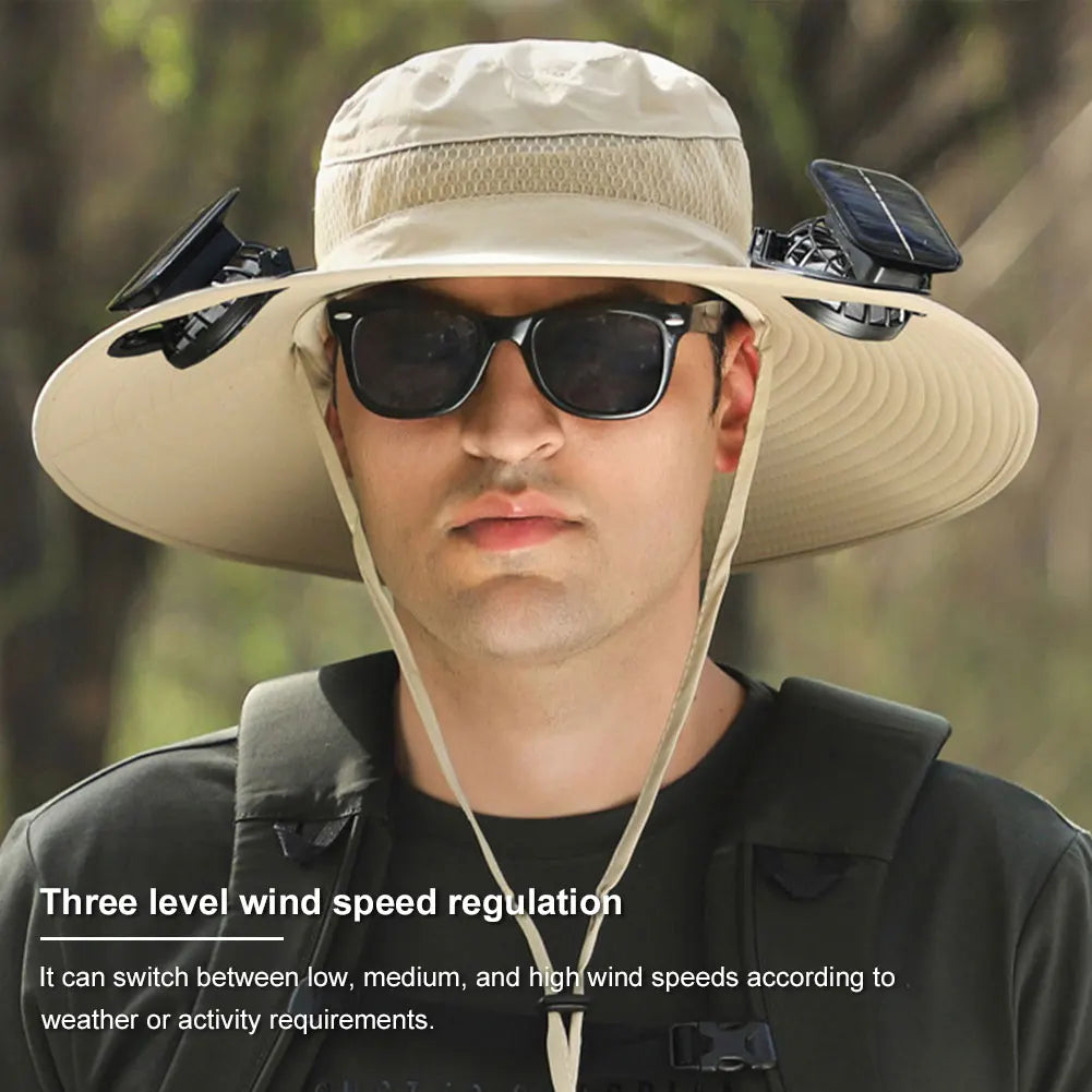 Solar Fan Outdoor Fishing Hat with 2 Solar Fan Wide Brim Bucket Hat Summer Cap for Men Outdoor Camping Fishing Hiking