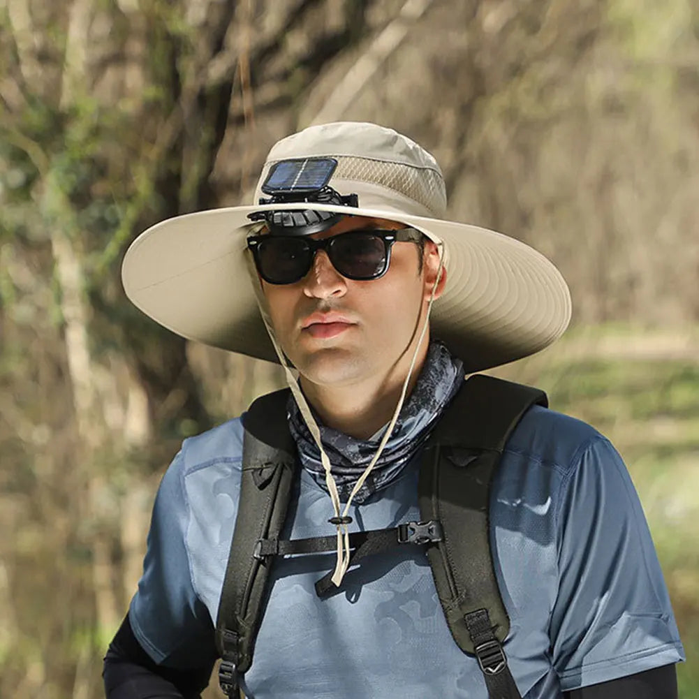 Solar Fan Outdoor Fishing Hat with 2 Solar Fan Wide Brim Bucket Hat Summer Cap for Men Outdoor Camping Fishing Hiking