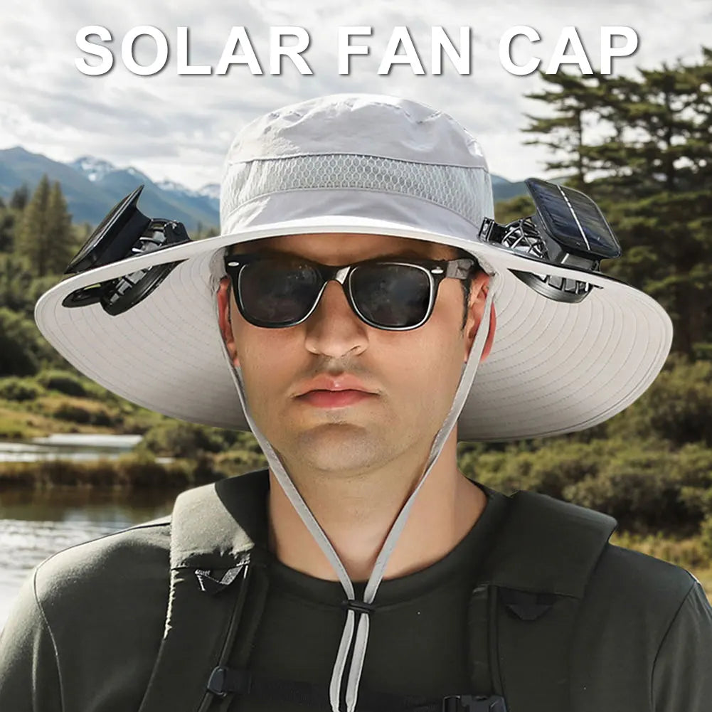 Solar Fan Outdoor Fishing Hat with 2 Solar Fan Wide Brim Bucket Hat Summer Cap for Men Outdoor Camping Fishing Hiking
