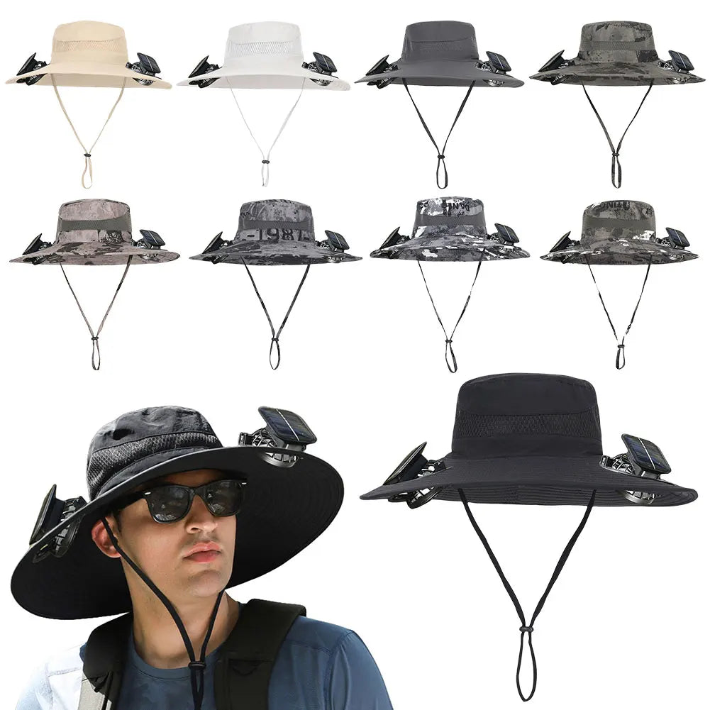 Solar Fan Outdoor Fishing Hat with 2 Solar Fan Wide Brim Bucket Hat Summer Cap for Men Outdoor Camping Fishing Hiking