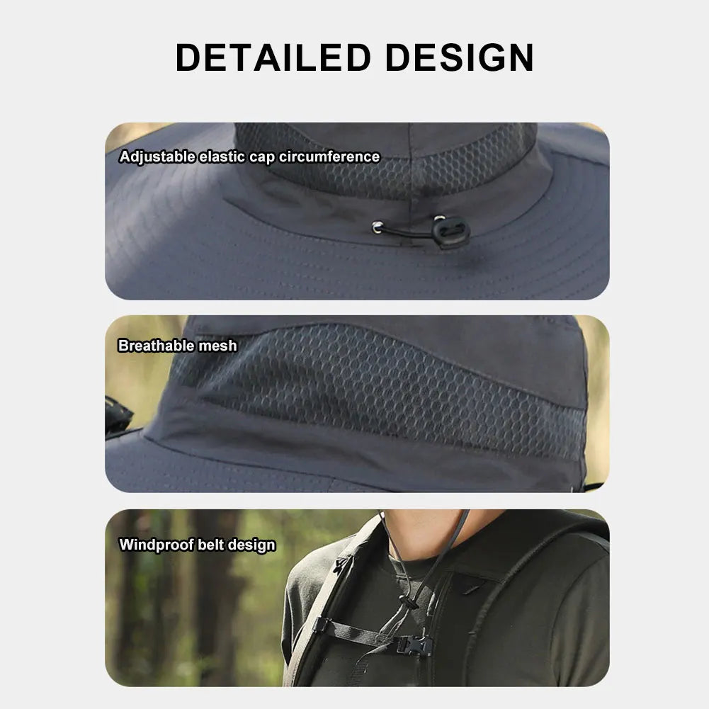 Solar Fan Outdoor Fishing Hat with 2 Solar Fan Wide Brim Bucket Hat Summer Cap for Men Outdoor Camping Fishing Hiking