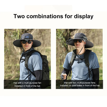 Solar Fan Outdoor Fishing Hat with 2 Solar Fan Wide Brim Bucket Hat Summer Cap for Men Outdoor Camping Fishing Hiking