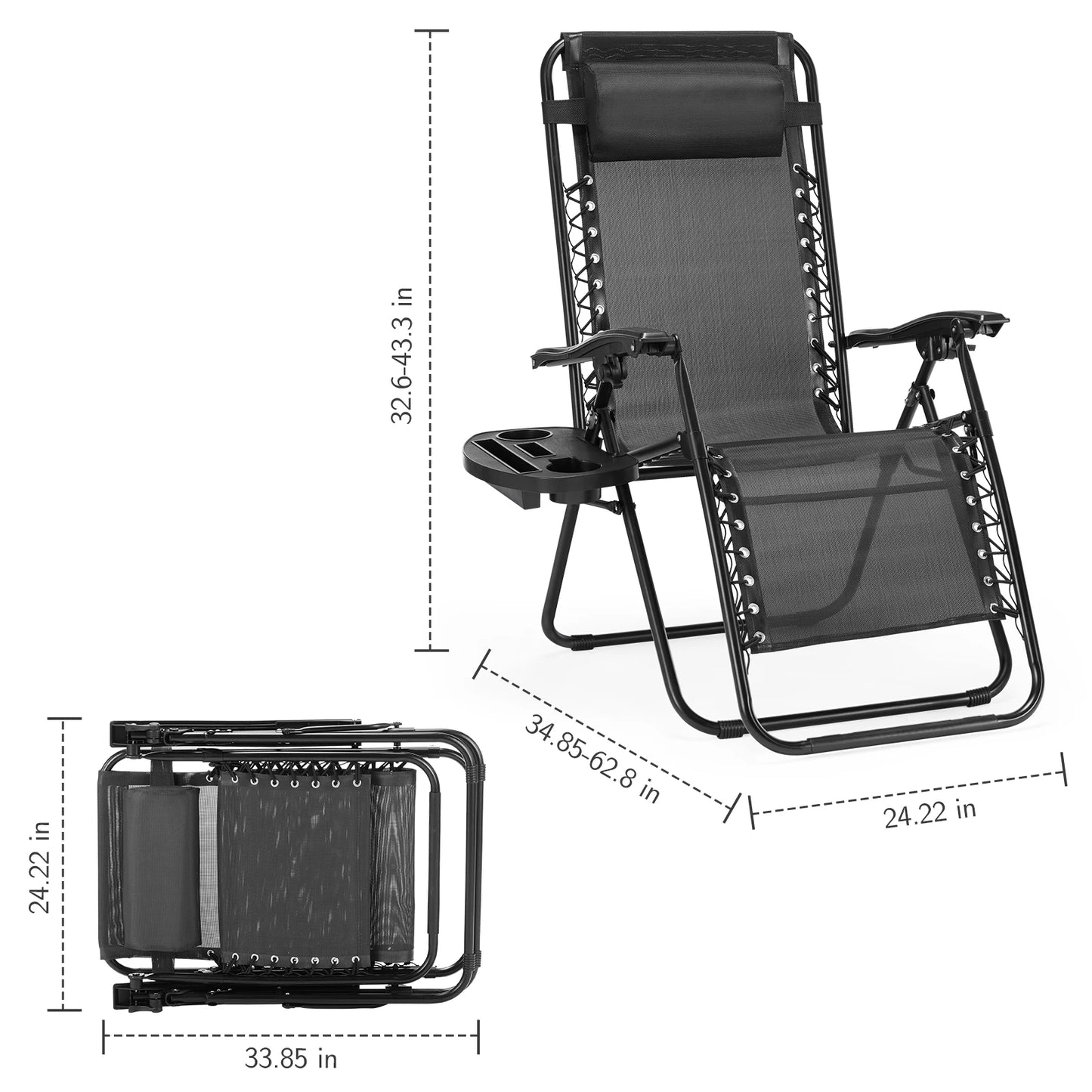 Zero Gravity Set of 2 Portable Recliner Camping Patio Outdoor Garden Lounge Chair with Cup Holder Trays Adjustable Pillow